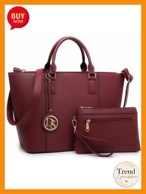 Vegan Leather Satchel Tote Bag with Matching Clutch